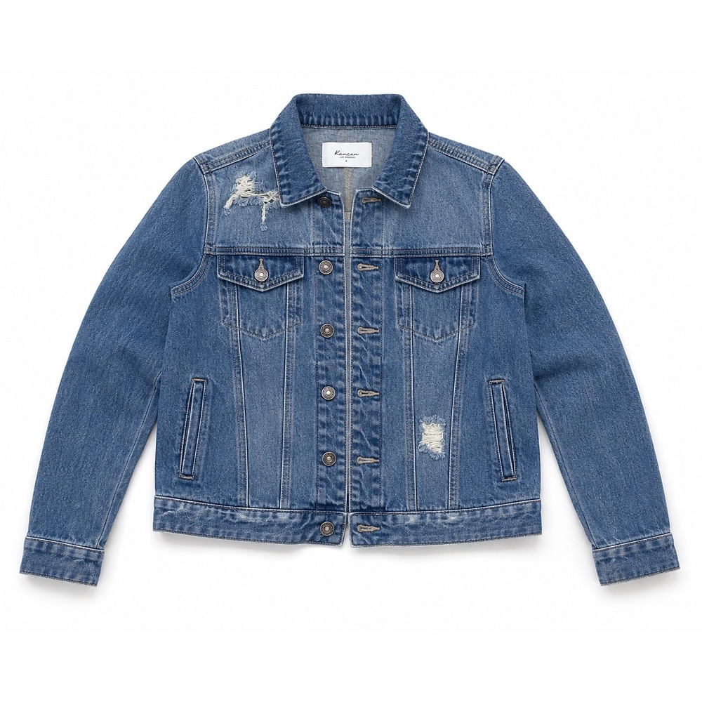 Kancan Los Angeles Distressed Denim Trucker Jacket Medium Wash KC5007D  Small